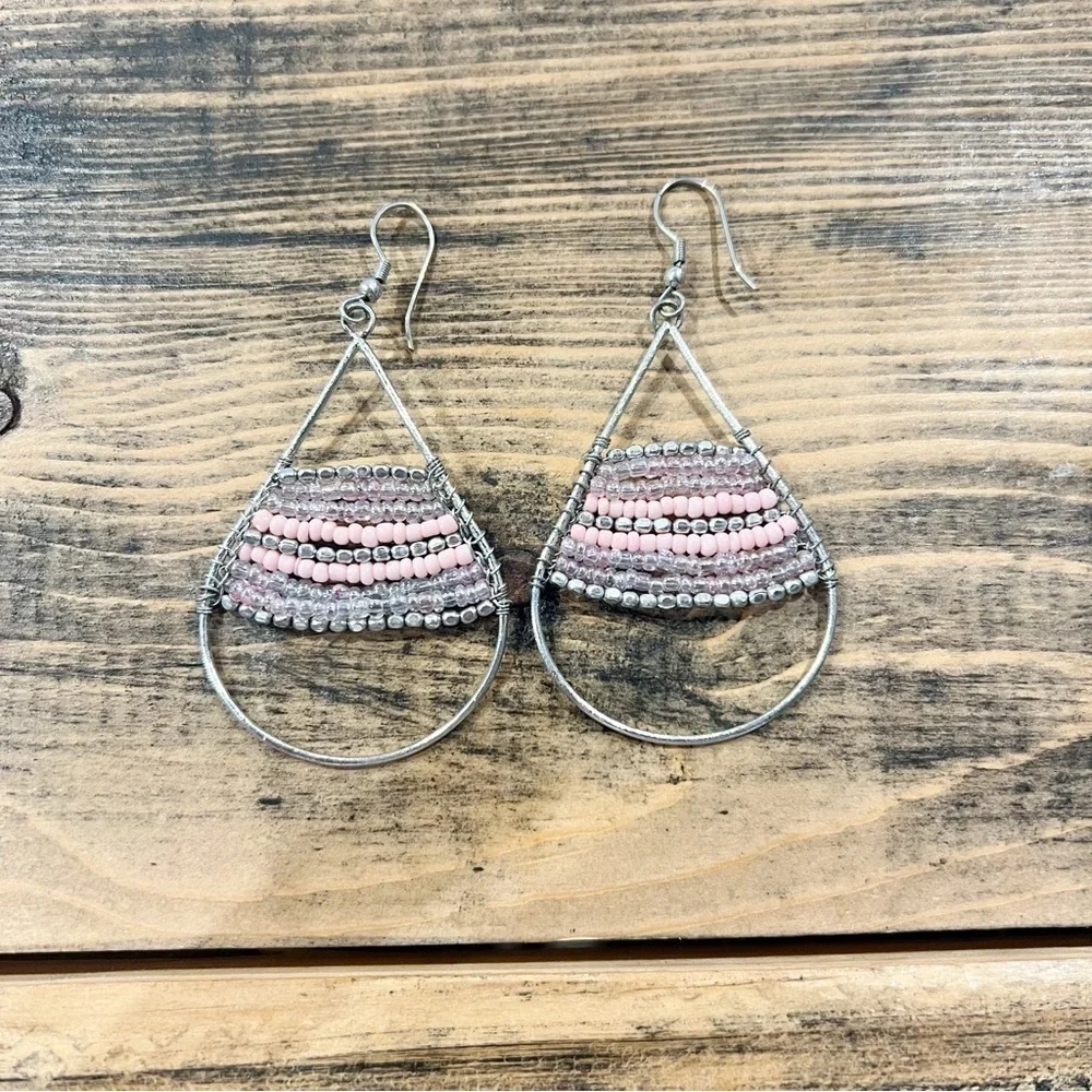 Pink & Silver Beaded Drop Earrings